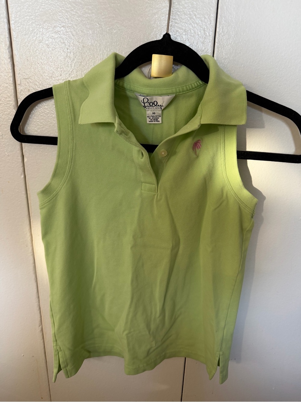 L.L. Bean Lime Green Short-Sleeve Polo with Pink Embroidery